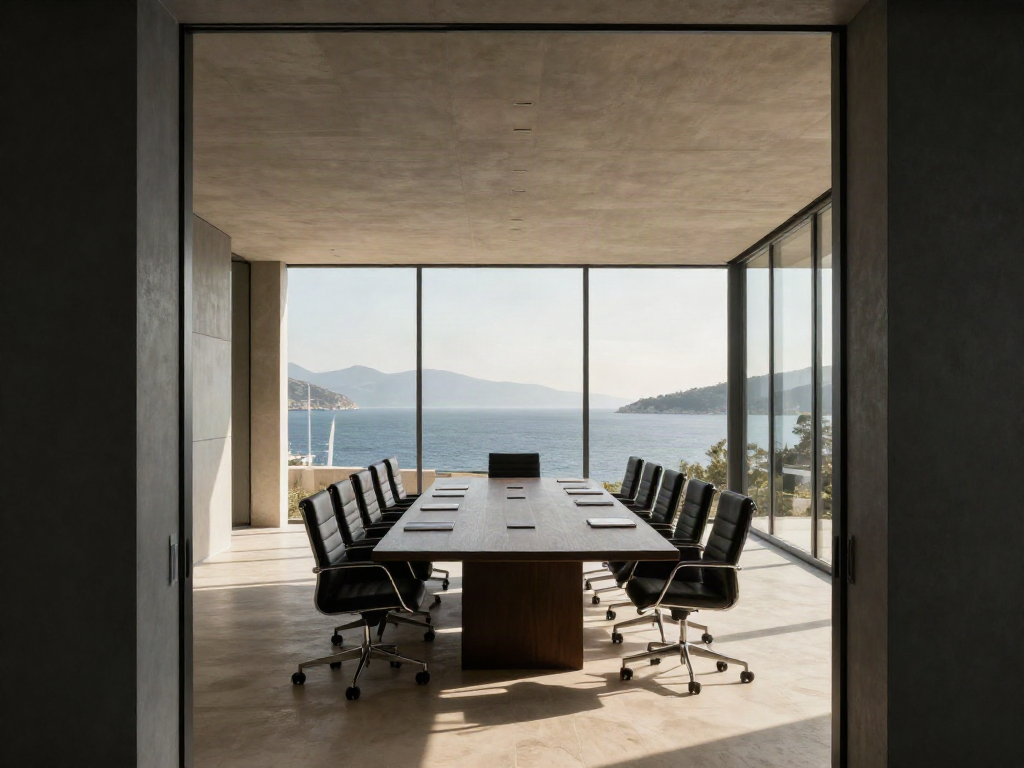 Sunlit executive boardroom overlooking the Adriatic coast, a setting for focused strategic thinking